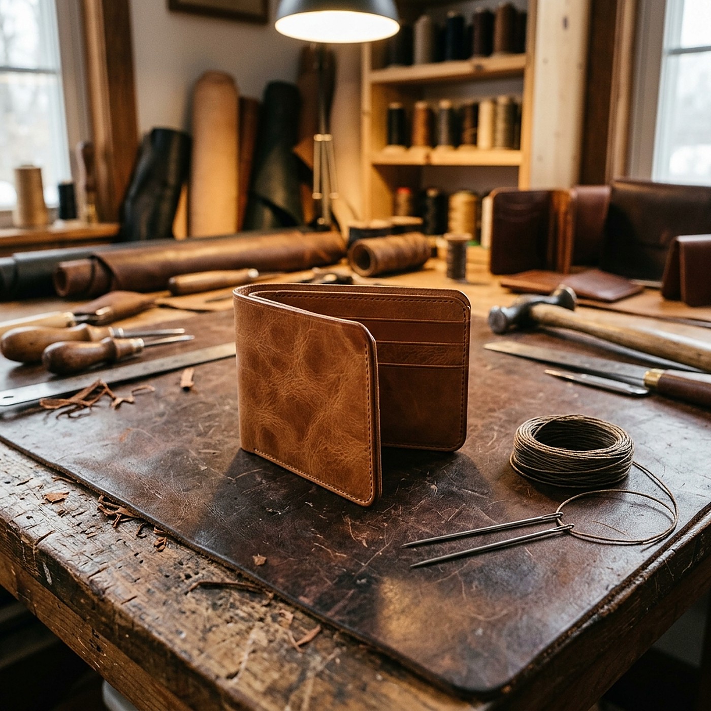 A tan leather wallet on a workbench